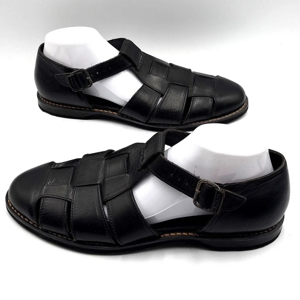 Cole Haan Mens Black Leather Fisherman Sandals Woven Closed Toe Buckle 11M 10468